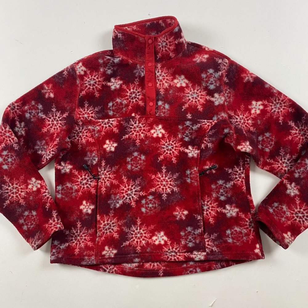 LL Bean Snowflake 1/4 Snap Fleece Pullover Women's Medium Red Snow Christmas